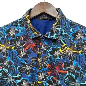 Bugatchi Men's Size Medium Navy Blue Multicolor Floral Hawaiian Cotton Polo euc